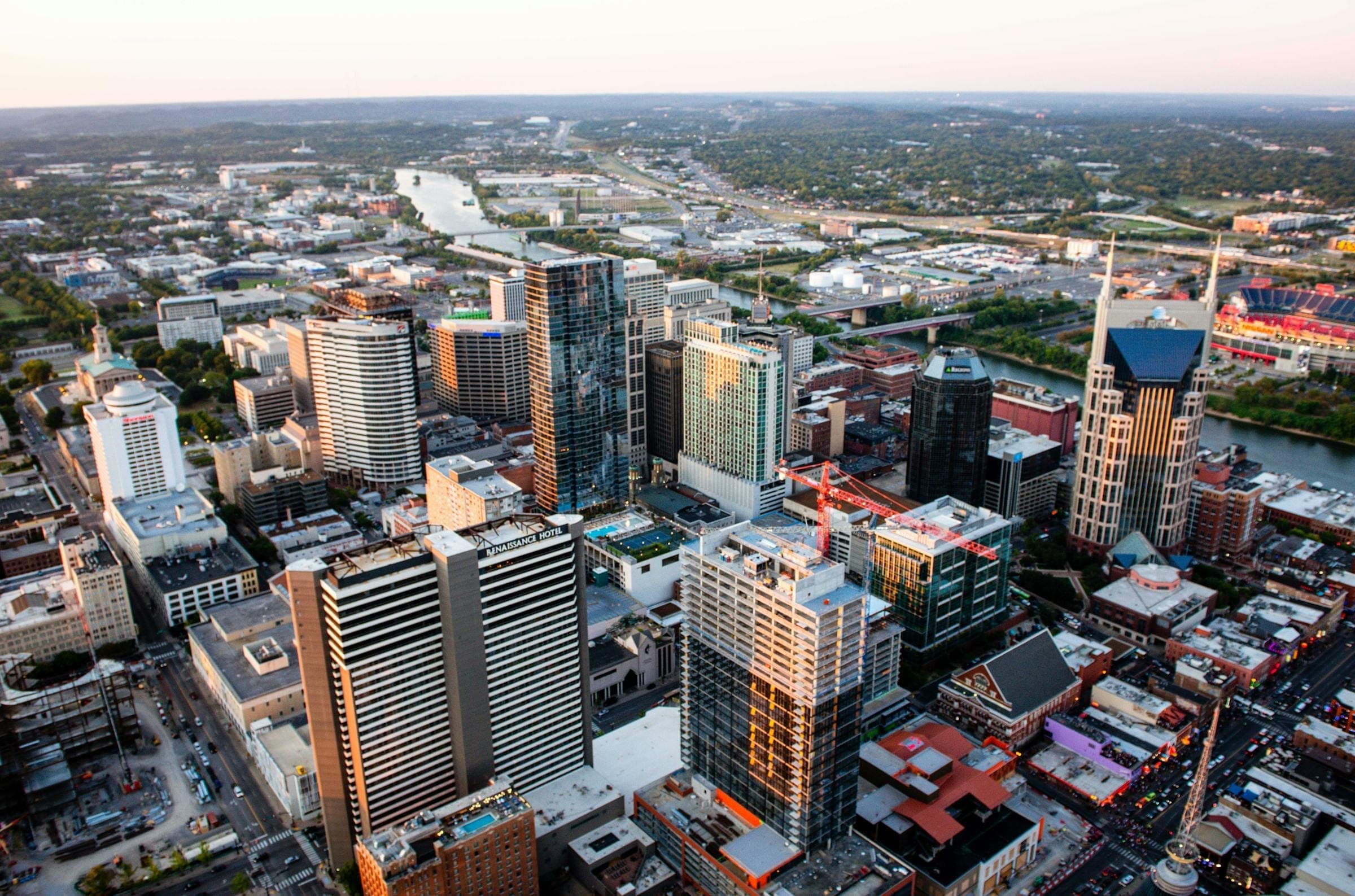 Aerial sunset view across Davidson, Williamson, and Rutherford counties — KW Empower's three Middle Tennessee markets