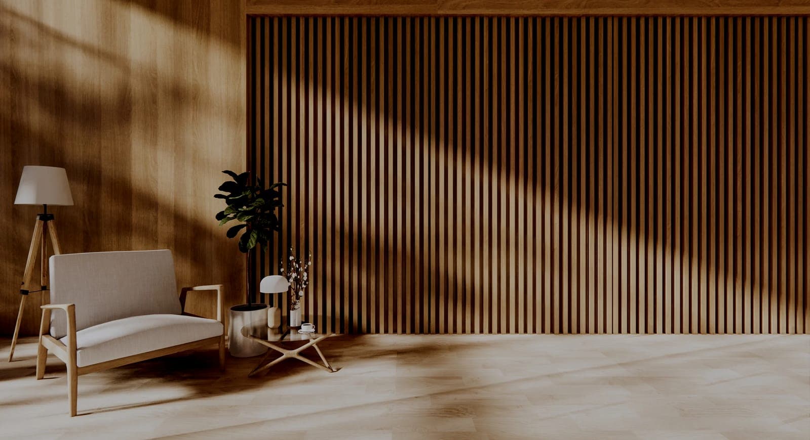 Afternoon light raking across an oak slat wall, a linen armchair and a fiddle-leaf fig in a quiet lounge