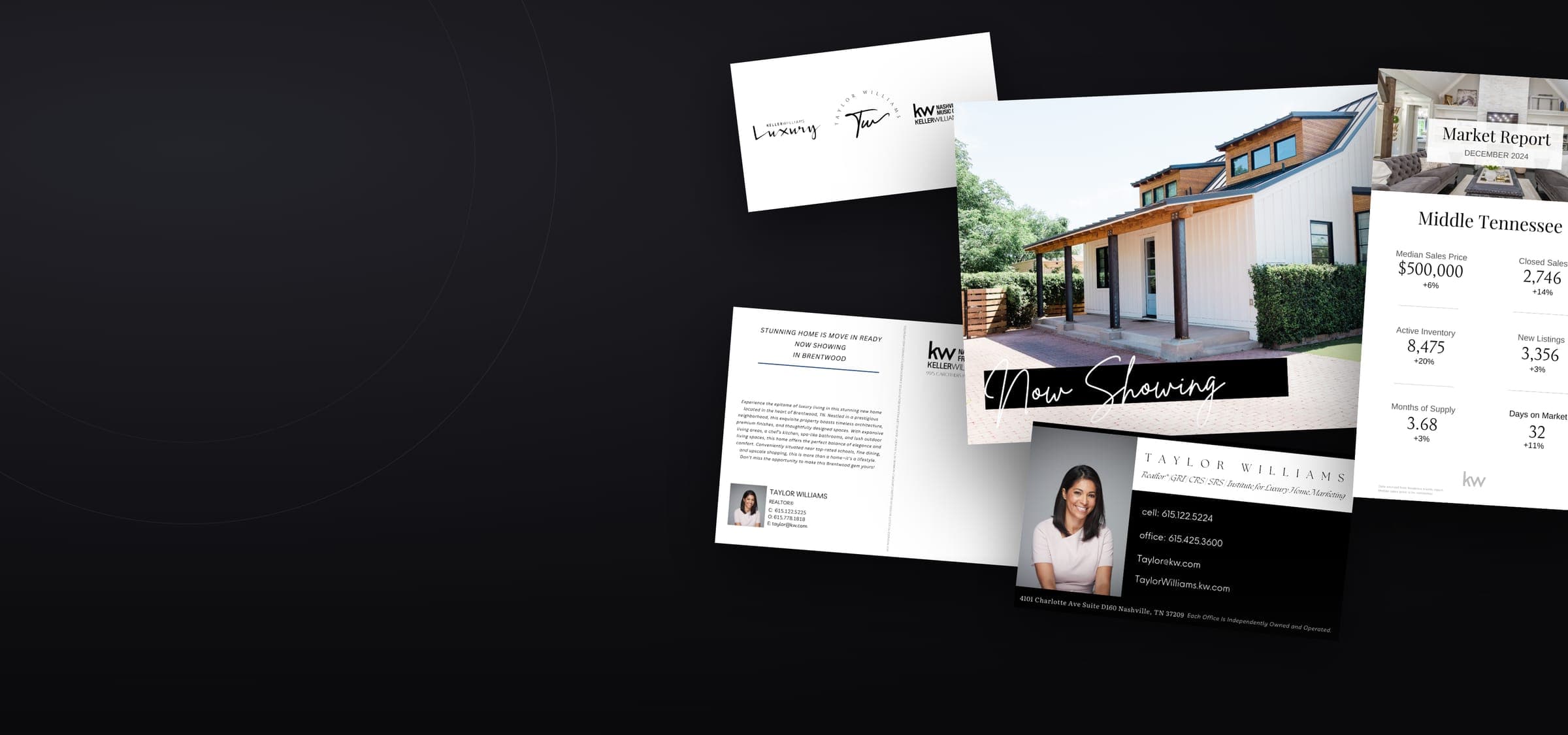 Keller Williams listing postcards, business cards and a Middle Tennessee market report fanned on a charcoal field
