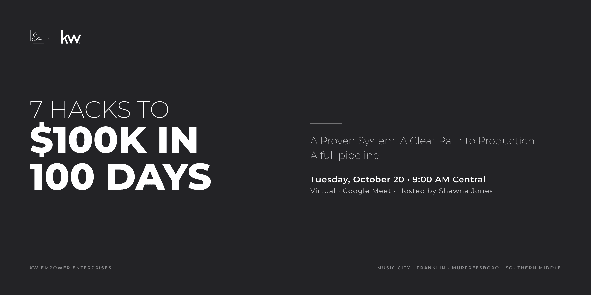 7 Hacks to $100K in 100 Days, a KW Empower Enterprises session on Tuesday, October 20 at 9:00 AM Central, virtual on Google Meet, hosted by Shawna Jones